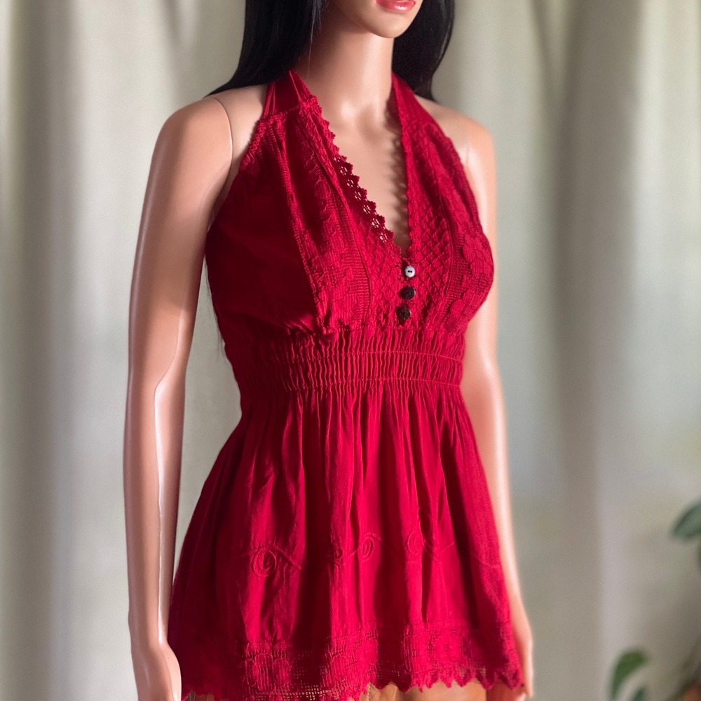 Vintage Red Crochet Lace Halter Top Smocked Peplum Boho Festival Embroidered S